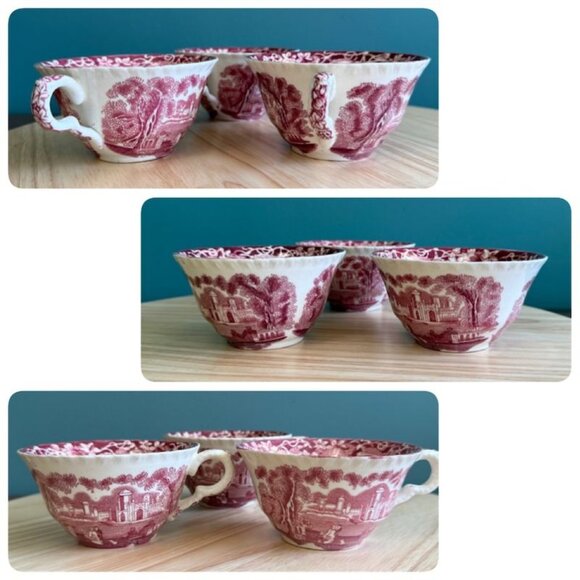 Set Of 3 Vintage Masons Vista Red Ironstone Tea Cups & Saucers Made In England - Picture 9 of 10